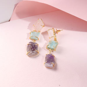 Pendientes de Cascada Crudos Chapados Hechos a Mano con Cuarzo Rosa, Estilo Clásico para Fiestas y Ocasiones Especiales para Mujer - Product Image 1