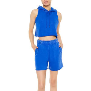 Wholesale Best Quality <b>Women</b> Cotton <b>Sets</b> Acid Wash Sun Faded Hooded Vest with <b>Shorts</b> - Product Image 1