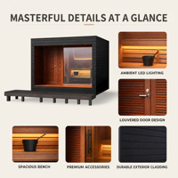 Sauna extérieur PLOUTARA, cabane en bois noir, toit plat, porte à persiennes, façade vitrée, éclairage LED, OEM pour villa, resort, spa