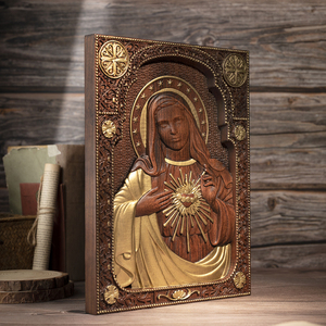 Arte Mural de Madera Hecho a Mano de la Virgen María, Tallado en Relieve de Corazón Radiante, Panel Decorativo para el Hogar - Product Image 6