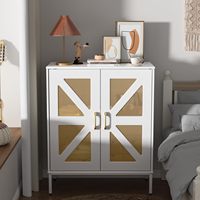 Buffet de Rattan Branco com Portas e Prateleiras, Mesa Console de Estilo Mid Century para Sala de Estar, Cozinha e Sala de Jantar