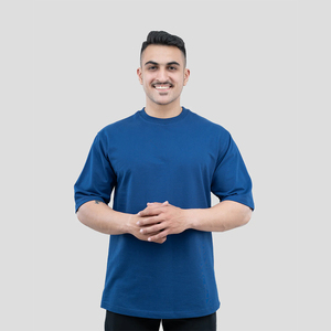 เสื้อยืดไมโครไฟเบอร์ไซส์ใหญ่เสื้อยืดทรงสูงแขนสามส่วนแบบสวมหัวสีฟ้าสำหรับผู้ชายชุดกีฬาออกแบบโลโก้ได้ตามต้องการ - Product Image 4