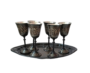 <b>Set</b> of <b>6</b> Reusable Pure Brass Goblet with Tray <b>for</b> Serving Whisky Wine Cocktail in Hotels and Restaurants - Product Image 1