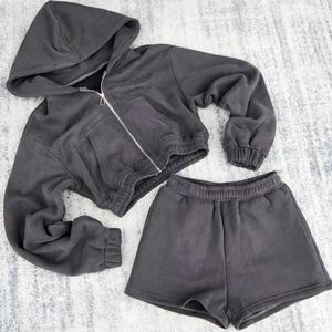 Custom Zip-Up Hoodie Short Set Casual Sports Wear with Embroidered Letter Pattern Cotton Terry Long <b>Tops</b> Autumn & Summer Season - Product Image 6