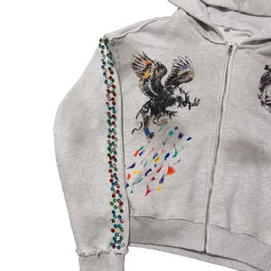 Sweat à capuche pour homme avec impression par transfert thermique, fermeture éclair à rivets personnalisée, délavage acide, strass brodés, 100% polyester polaire, hiver - Product Image 6