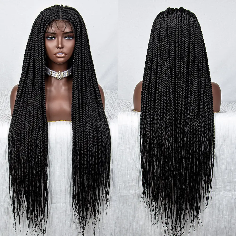 Peruca trançada para mulheres afro-americanas, caixa com cabelo de bebê, trança com renda dupla frontal quadrada, 36 polegadas