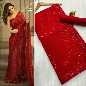 Nouveau Bollywood Full Saree de Georgette avec broderie de paillettes lourdes travail pour les femmes vente en ligne - Product Image 2