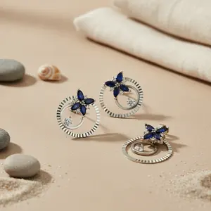 ชุดต่างหูและจี้รูปดอกไม้ประดับพลอยไพลินสีฟ้าเงินแท้ ของขวัญ - Product Image 1