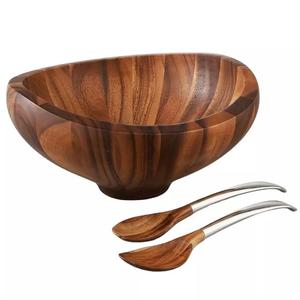 ชามเสิร์ฟพร้อมช้อนสำหรับบ้าน,ชามผลไม้สีน้ำตาลดีไซน์ทันสมัยชามเสิร์ฟสลัดและซุปทำจากไม้ - Product Image 3