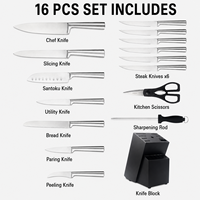 Ensemble de 16 couteaux de cuisine en acier inoxydable avec bloc de rangement, ciseaux et aiguiseur pour la maison, les restaurants, la vente en gros et l'OEM