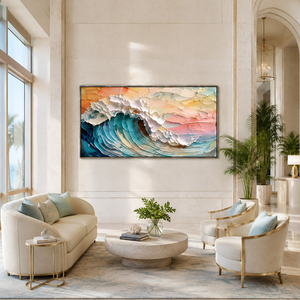 Grande Peinture Murale Peinte à la Main, Coucher de Soleil Océanique, Vague, Huile sur Toile, Impasto Épais, Scène Côtière Colorée, Décoration de Luxe pour Salon et Villa - Product Image 1