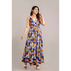 SHKUP1360 Vestido Maxi ajustado y acampanado sin mangas con estampado multigeométrico - Product Image 3