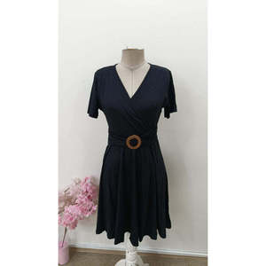 Women's Short-Sleeved Wrap-Neck Short <b>Viscose</b> <b>Dress</b> with Front Buckle Detail, 33127 - Black - Product Image 5