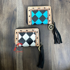 Mini porte-monnaie en cuir véritable usiné à la main pour femmes et porte-carte à glissière gland portefeuille en cuir à carreaux sac à main pour femmes à la mode - Product Image 1