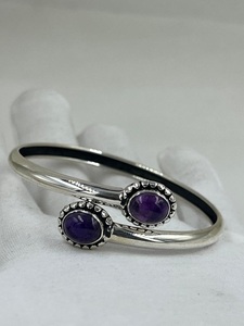 Brazalete de plata esterlina 925 hecho a mano con piedra preciosa ovalada de amatista natural | Brazalete abierto Ajustable - Product Image 2