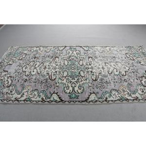 Alfombra vintage de 4,2x9 pies, alfombra de lana turca gris azul con motivos de plantas y árboles - Product Image 2