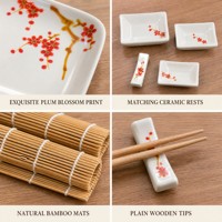 Ensemble de sushi avec tapis à sushi en bambou, assiette en céramique rouge prune et baguettes, pour 2 personnes, boîte cadeau, vente en gros, OEM personnalisé