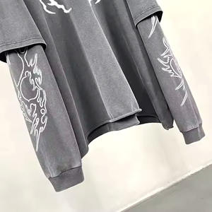 LOGO personnalisé surdimensionné délavé à l'acide t-shirt homme sweat double couche manches Patchwork Vintage Streetwear DTG impression solide hiver - Product Image 6