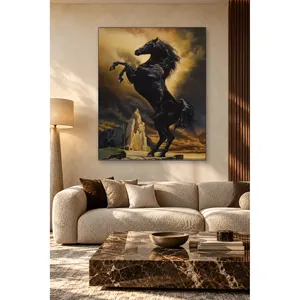 Impression sur toile de cheval noir en pleine course contre des nuages dorés de Fida - Product Image 3