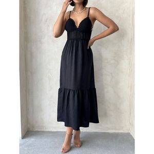 Vestido Casual al por Mayor Topshow, Diseño Largo de Lino Negro con Tirantes y Cuello en V - Product Image 3