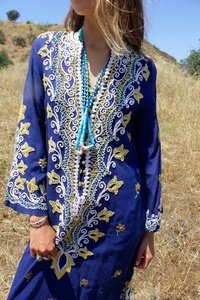 Bohemian Blue Floral Embroidered Organza V-neck Maxi Dress Three Quarter Sleeve Loose Fit Cotton Ankle Length <b>Summer</b> Women ODM - Product Image 4