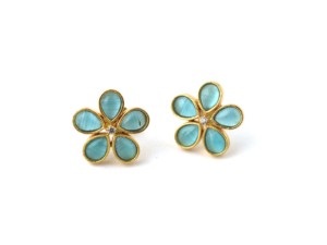 <b>Blue</b> Quartz Brass Handmade 18k Gold Plated <b>Earrings</b> - Gift For Women Flower <b>Stud</b> <b>Earrings</b> - Product Image 2