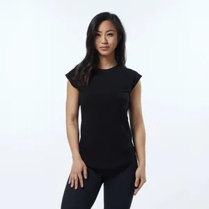 Performance Fit 95% Cotton 5% Spandex Fitted Cap Sleeves Raglan Shaped Crew Neckline Women Blackout T-Shirts with Scoop Hem