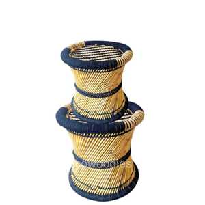 Stylish Multipurpose Boho Pouffe Ottoman Set Natural Wicker Patio Furniture Handwoven Bamboo <b>Stool</b> Bone Inlay Console for School - Product Image 3