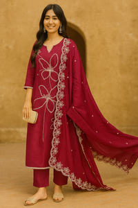 Indian Ethnic Reyon Slub Suit Set With Fine Embroidered Work <b>Three</b> <b>Piece</b> <b>Suite</b> For Women Every Season Wholesale - Product Image 3