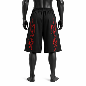 Pantalones Cortos Deportivos Casuales para Hombre, Personalizados, Negros, Estilo Urbano, OEM ODM, con Estampado de Llamas Rojas, Cintura Elástica, Corte Holgado - Product Image 2