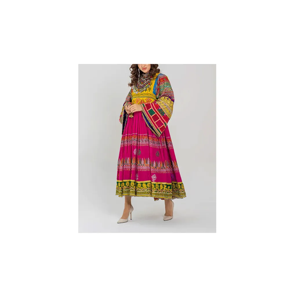 Afghan Kuchi Bridal Dress Clothing pink and multicolored tassels kuchi wedding Dress Tribal Afghan dress
