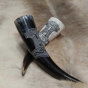Natural Viking <b>Drinking</b> <b>Horn</b> with Carved Antique Style Polished Animal Design and Iron Stand From India - Product Image 4
