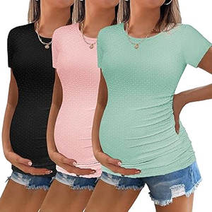 Chemises de maternité pour femmes col d'été à manches courtes côté froncé pour point 100% coton respirant séchage rapide coupe ajustée hauts de grossesse - Product Image 1
