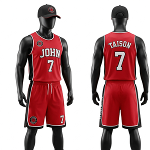 Uniforme de Baloncesto Unisex Personalizado, 160g, Malla de Poliéster Transpirable Premium, Paneles Laterales Rojos y Negros, Sublimación, Bordado, Termoimpresión Frontal - Product Image 1