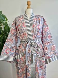 Pur coton indien bloc imprimé maison Robe été Kimono Floral plage couverture confortable maternité printemps Pastel gris blanc rose - Product Image 3
