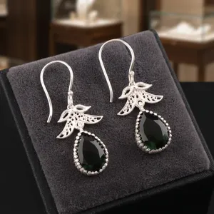 Women’s 925 <b>Sterling</b> <b>Silver</b> Bohemian Drop <b>Earrings</b> Geometric Pattern Green Tourmaline Bezel Set Handmade <b>Dangle</b> <b>Earrings</b> - Product Image 1