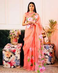 Le dernier designer de Fab Zone en soie organza pure fabriqué à la main imprimé sari fête traditionnelle de haute qualité porter Salwar - Product Image 5