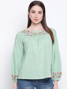เสื้อทูนิคสีเขียวลำลองสำหรับผู้หญิง, เสื้อปักลายดอกไม้แขนเต็มเอวตกแต่งด้วยซิปธรรมชาติ - Product Image 5