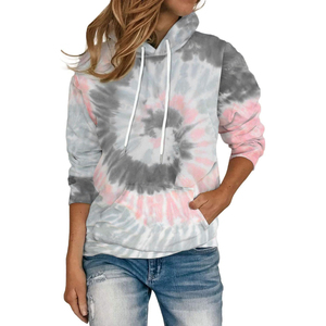 Sweat-shirts à capuche pour femmes en tie-dye gris rose, manches longues, avec cordon de serrage, hauts à enfiler avec poche, chemisiers amples décontractés, tunique - Product Image 1