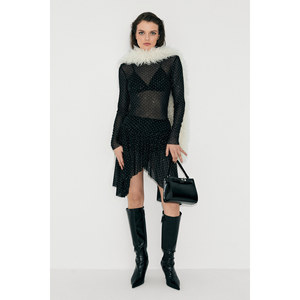 Women's Elegant Black Tulle Blouse with Stone Embellishments Long Sleeves Round Neck Sheer Party <b>Top</b> - Product Image 1