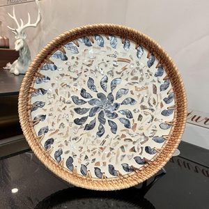 Plateau de service en rotin de qualité supérieure avec incrustation de nacre-plateau en osier rond pour décor de table basse et usage décoratif Boho - Product Image 5