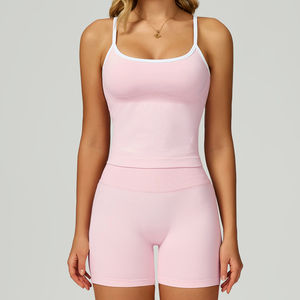 Conjunto de ropa de Yoga para gimnasio a la moda para mujer, cómodo, elástico, adelgazante, dos tonos, ligero, sin costuras, camiseta sin mangas y pantalones cortos, conjunto en - Product Image 2