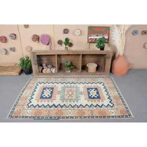 Alfombra Turca Vintage, Alfombra de 4.2x6.3 pies, Alfombra Azul con Diseño de Cuadros - Product Image 4