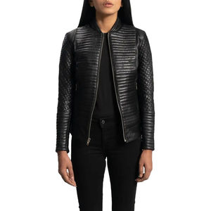 Chaqueta motorista negra con cremallera de piel de oveja auténtica OEM para mujer con forro de viscosa acolchado y bolsillos interiores y exteriores ODM - Product Image 1