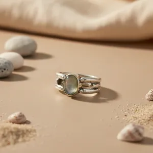 925 Sterling Silver <b>Boho</b> Style Moonstone <b>Ring</b> for Women Geometric Pattern with Invisible Setting Rhodium Plated Gift Jewelry - Product Image 1