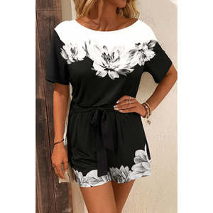 Combinaison courte à une épaule pour femme, à motif floral, avec ceinture, en tissu double fil, 36708 - Noir - Product Image 3