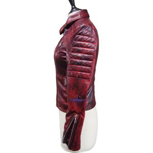 Women's Quilted Oxblood Sheep Leather Jacket Biker Style Washed Distressed Slim Fit Padded Fashion Outerwear <b>for</b> Ladies - Product Image 4