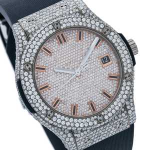Mode antique coupe ronde Moissanite diamant clouté glacé or rose acier inoxydable cadran automatique noir bracelet en caoutchouc montre - Product Image 2