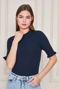 Blusa de punto acanalado de manga corta con volantes para mujer, Camiseta cómoda y elegante, transpirable, servicio OEM de alta calidad - Product Image 3