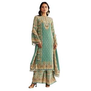 Luz verde agua crepe impreso Kurta Palazzo con Dupatta al por mayor mujeres Ropa Étnica OEM fábrica de ropa proveedor a granel - Product Image 3